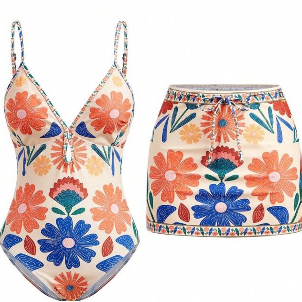 Floral Print Swimsuit and Skirt Set